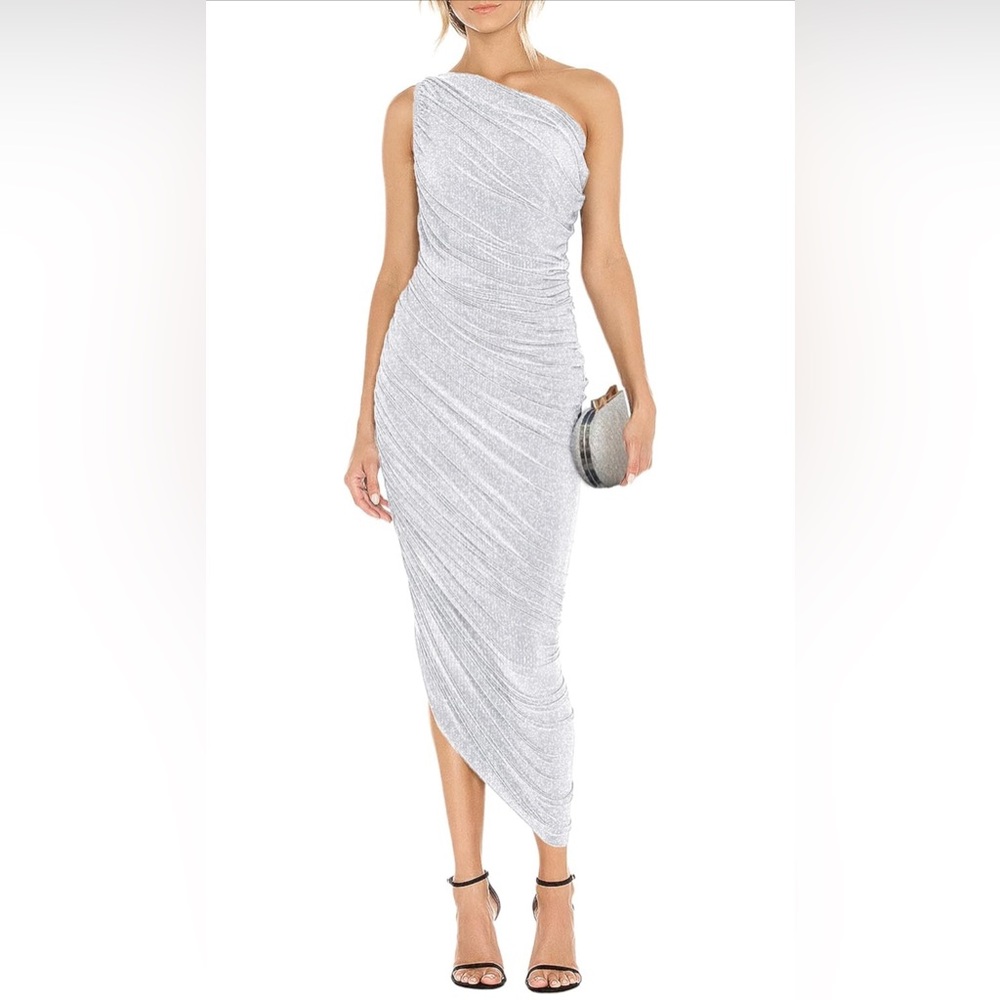 One Shoulder Dress Glitter Sexy Ruched Bodycon Irregular Hem Prom Formal Party3